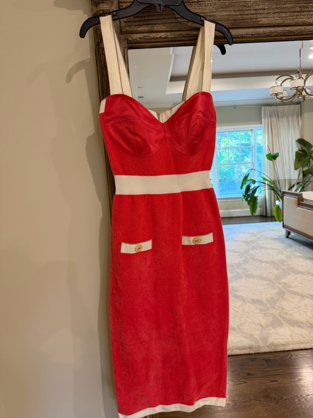 Red Midi Sheath Dress with Cream Trim